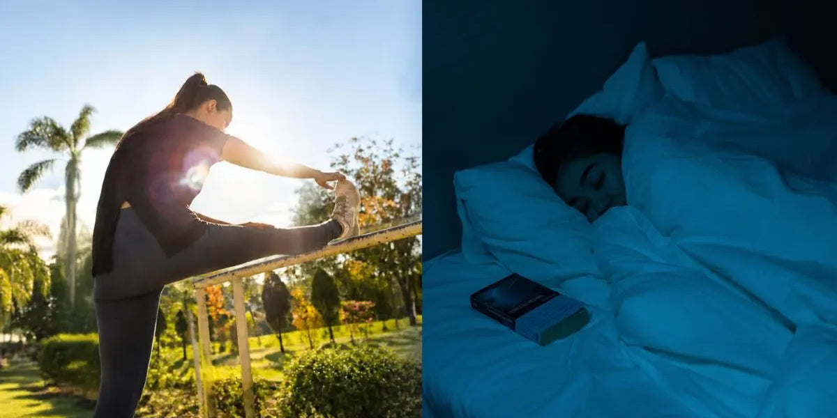 A woman stretching outdoors during a health morning routine and a person sleeping peacefully in bed at night. unzero