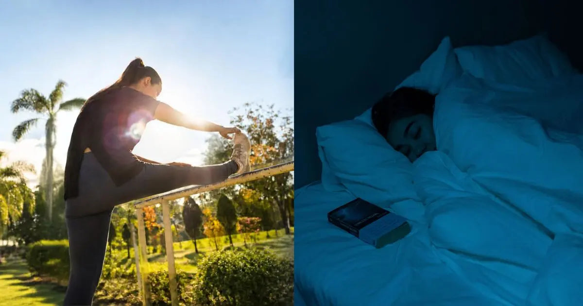 A woman stretching outdoors during a health morning routine and a person sleeping peacefully in bed at night. unzero
