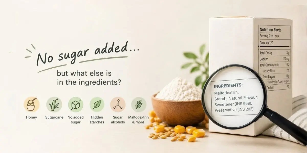 Magnifying glass inspecting food package label to check hidden ingredients behind a no added sugar claim.