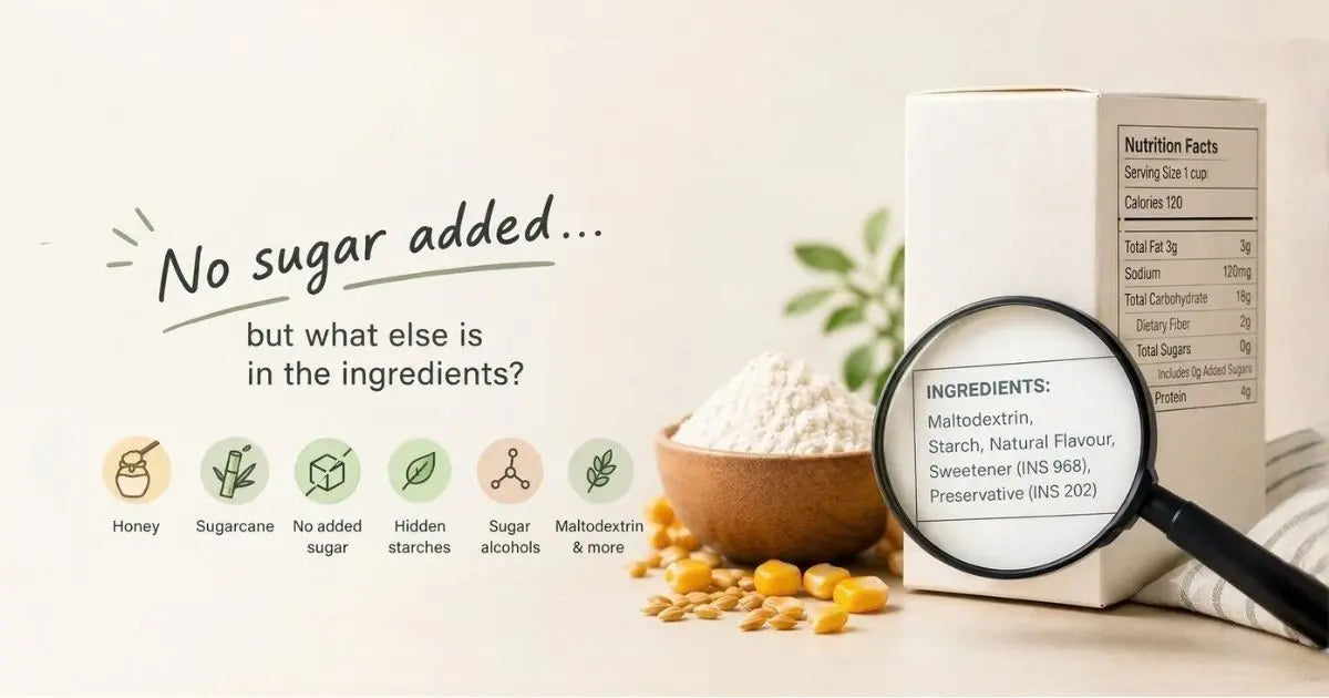 Magnifying glass inspecting food package label to check hidden ingredients behind a no added sugar claim.
